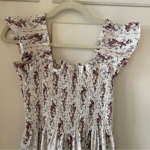 MELLODAY White Floral Ruffled Smocked Dress with Red and Green Accents